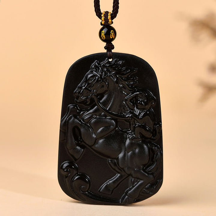 Buddha Stones Year of the Horse Natural Black Obsidian Strength Necklace Pendant - image 2