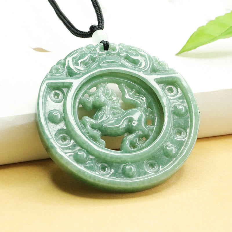 Buddha Stones Year of the Horse Round Jade Luck Rope Necklace Pendant - image 1
