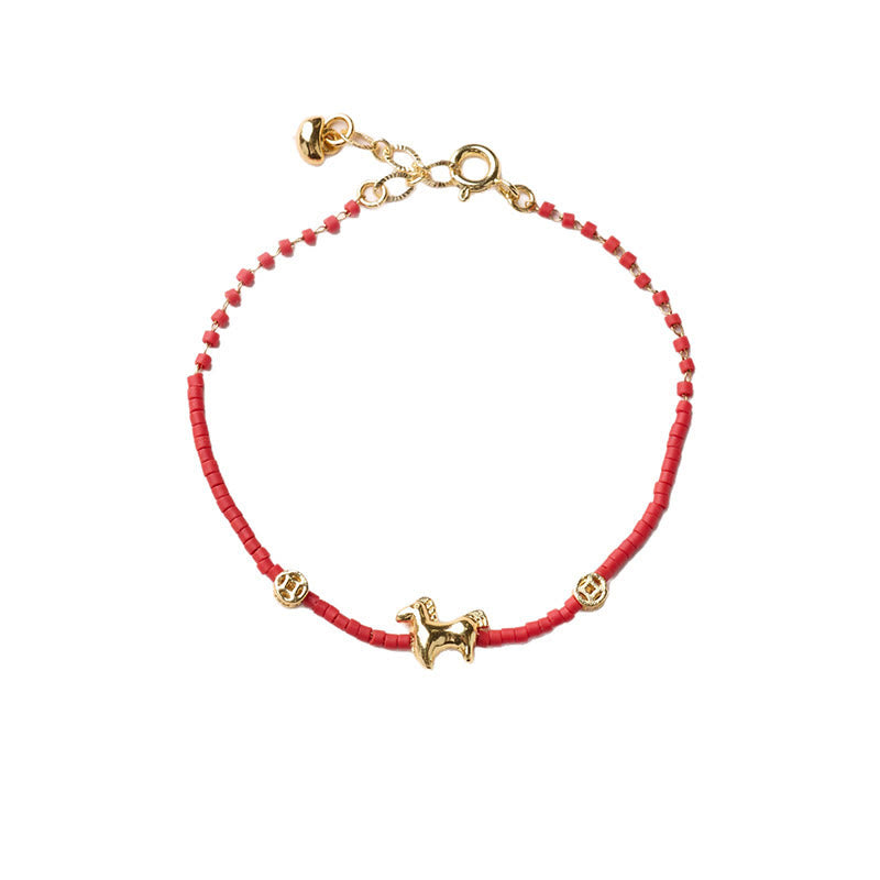 Buddha Stones 925 Sterling Silver Plated Gold Year of the Horse Red Liuli Glass Prosperity Bracelet - image 7