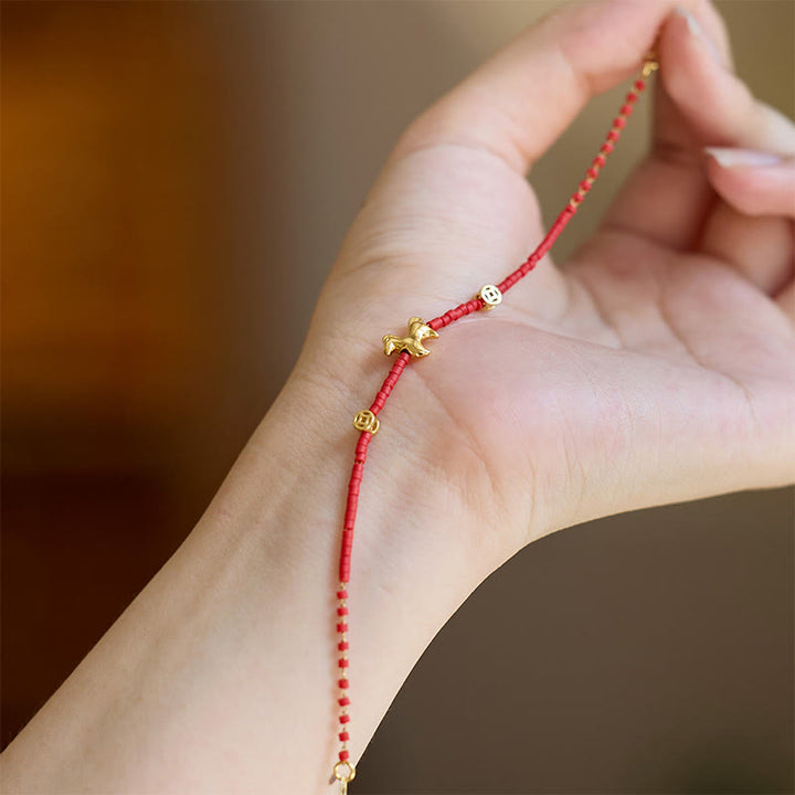 Buddha Stones 925 Sterling Silver Plated Gold Year of the Horse Red Liuli Glass Buddha Prosperity Bracelet - image 3