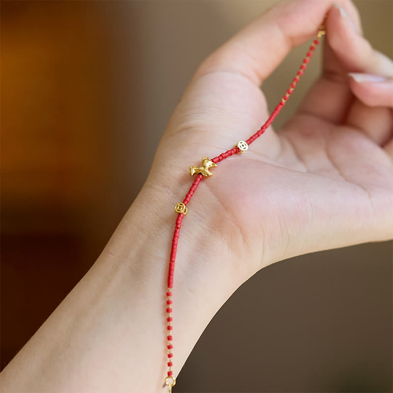 Buddha Stones 925 Sterling Silver Plated Gold Year of the Horse Red Liuli Glass Prosperity Bracelet - image 3