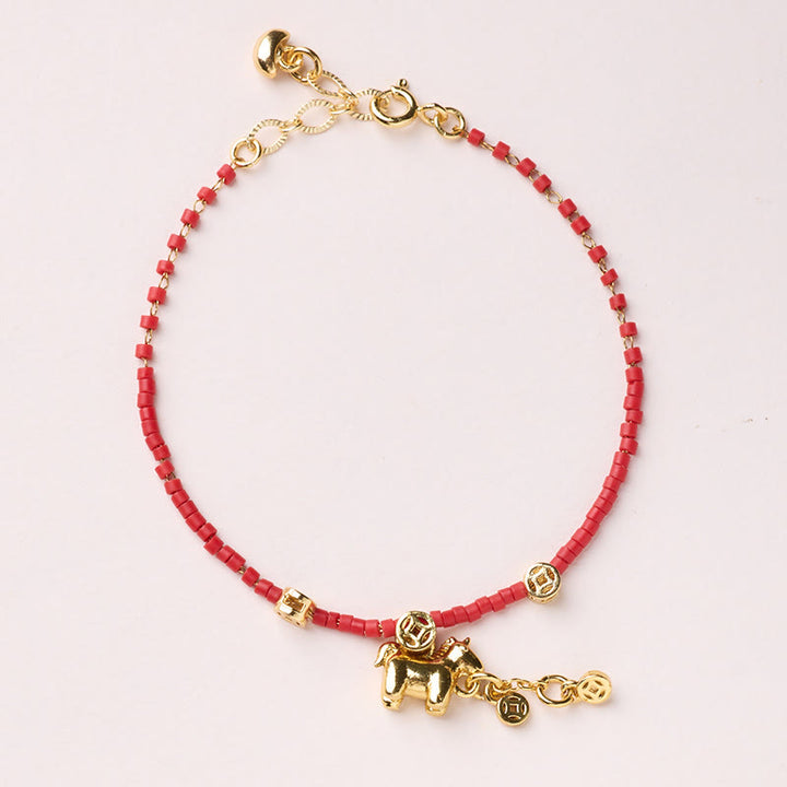 Buddha Stones 925 Sterling Silver Plated Gold Year of the Horse Red Liuli Glass Prosperity Bracelet - Horse Coin Bracelet - image 11
