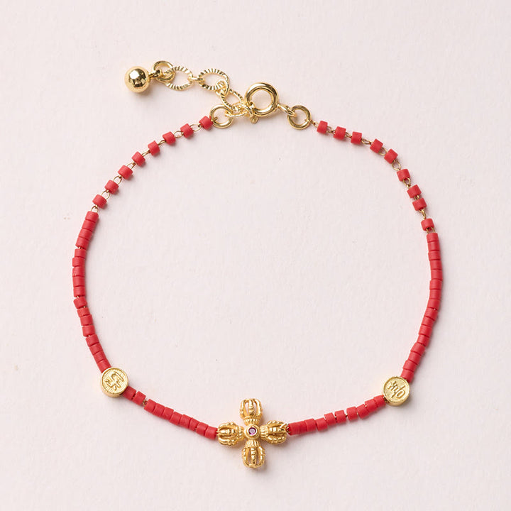 Buddha Stones 925 Sterling Silver Plated Gold Year of the Horse Red Liuli Glass Buddha Prosperity Bracelet - Four-leaf Clover Bracelet - image 20