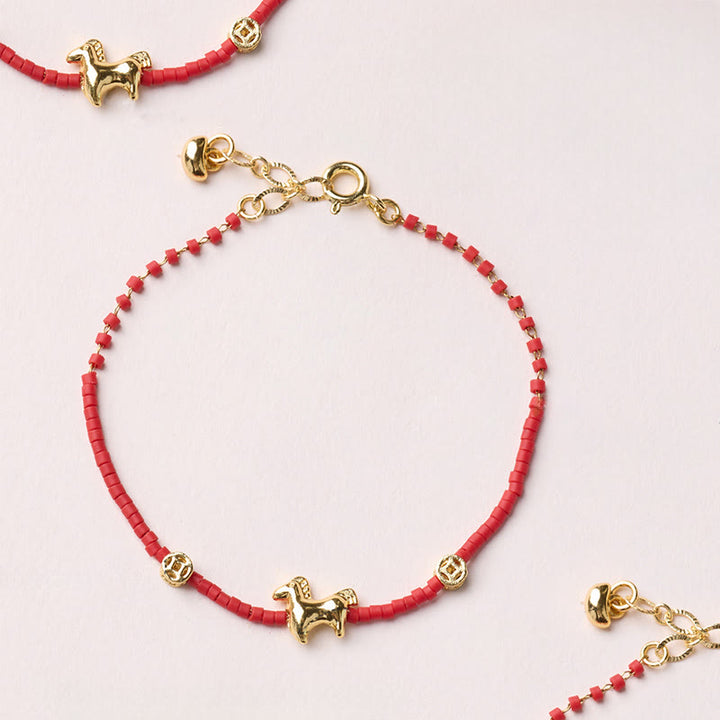 Buddha Stones 925 Sterling Silver Plated Gold Year of the Horse Red Liuli Glass Buddha Prosperity Bracelet - image 0