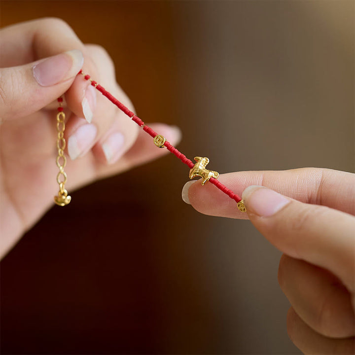 Buddha Stones 925 Sterling Silver Plated Gold Year of the Horse Red Liuli Glass Prosperity Bracelet - image 5