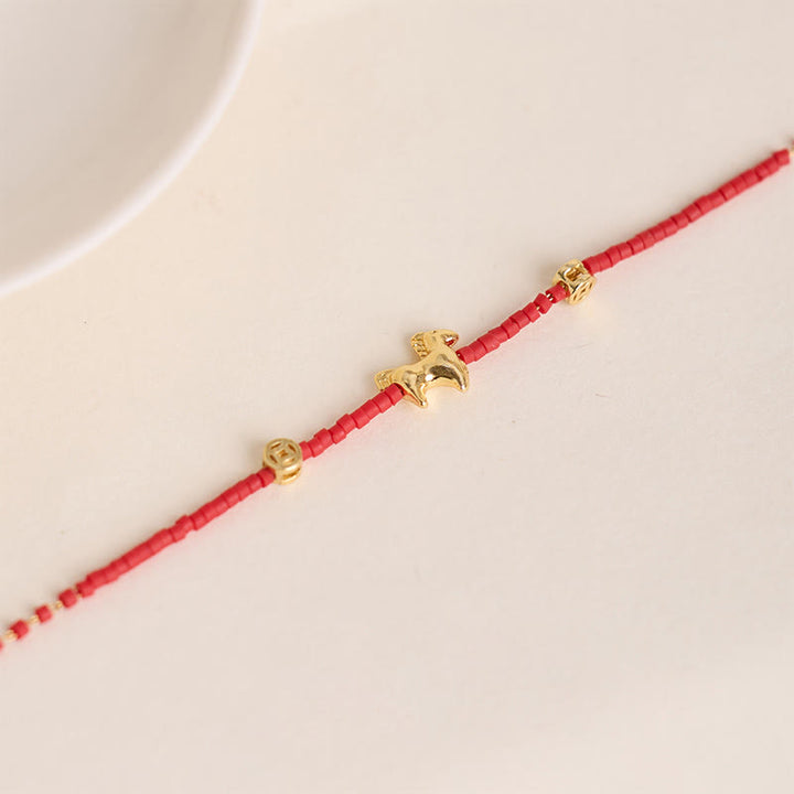 Buddha Stones 925 Sterling Silver Plated Gold Year of the Horse Red Liuli Glass Prosperity Bracelet - image 2