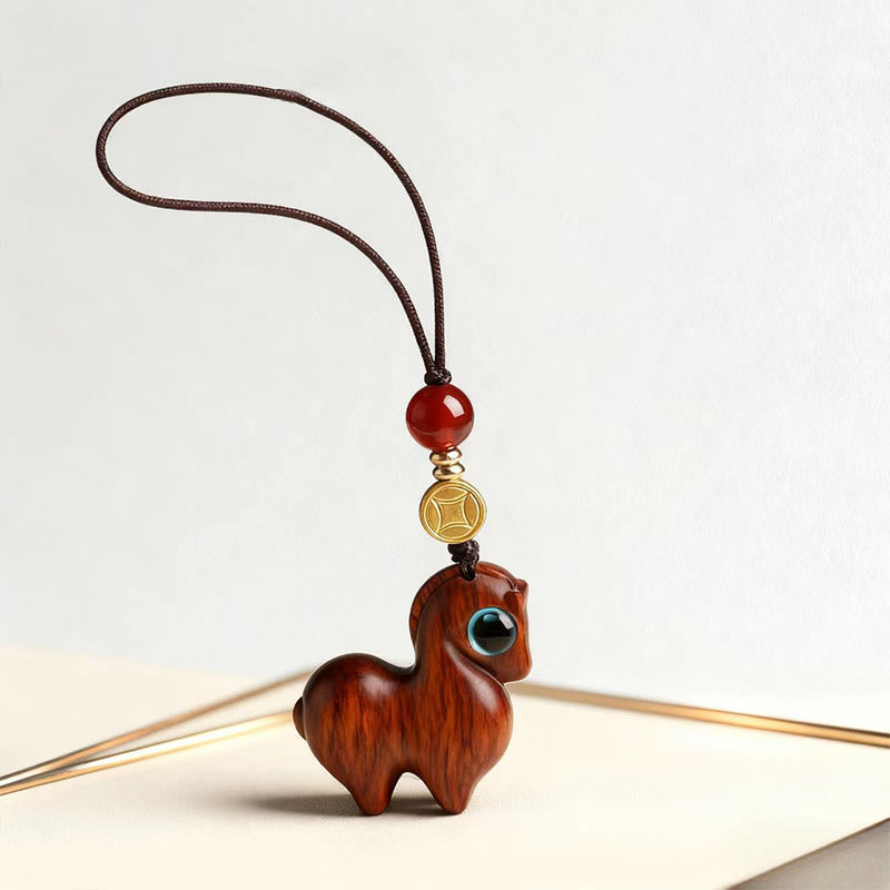 Buddha Stones Year of the Horse Small Leaf Red Sandalwood Calm Key Chain Phone Hanging Decoration - image 2