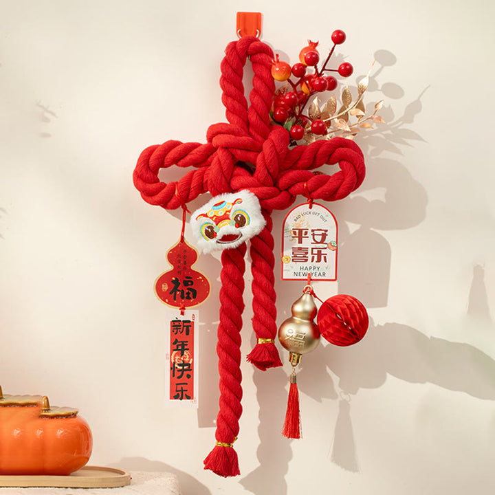 Buddha Stones Year of the Horse Dancing Lion Fu Character Chinese Knotting Fortune Decoration - Dancing Lion Medium Size 20*40 cm - image 1