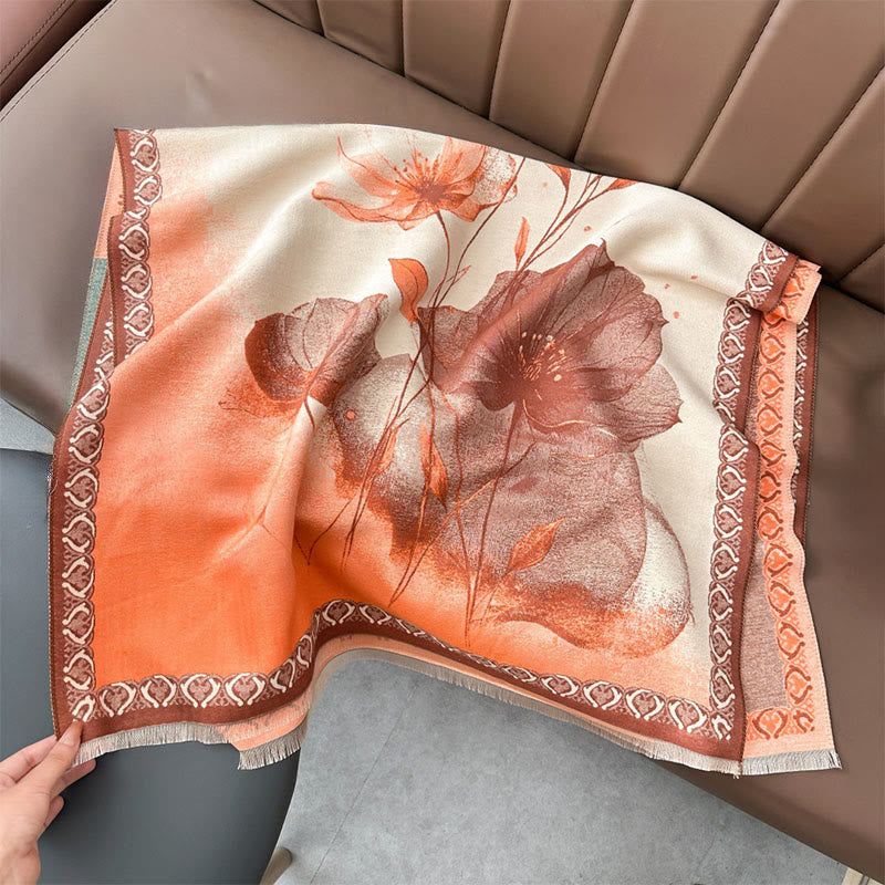 Buddha Stones Winter Ink Painting Lotus Flowers Leaves Pattern Soft Scarf Shawl - Orange - 180*65cm - image 12