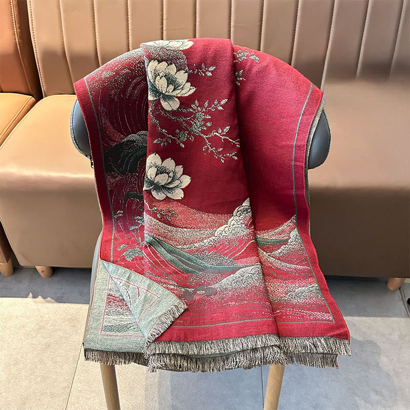 Buddha Stones Fall Lotus Flowers Ocean Waves Pattern Soft Scarf Tassel Shawl - image 6