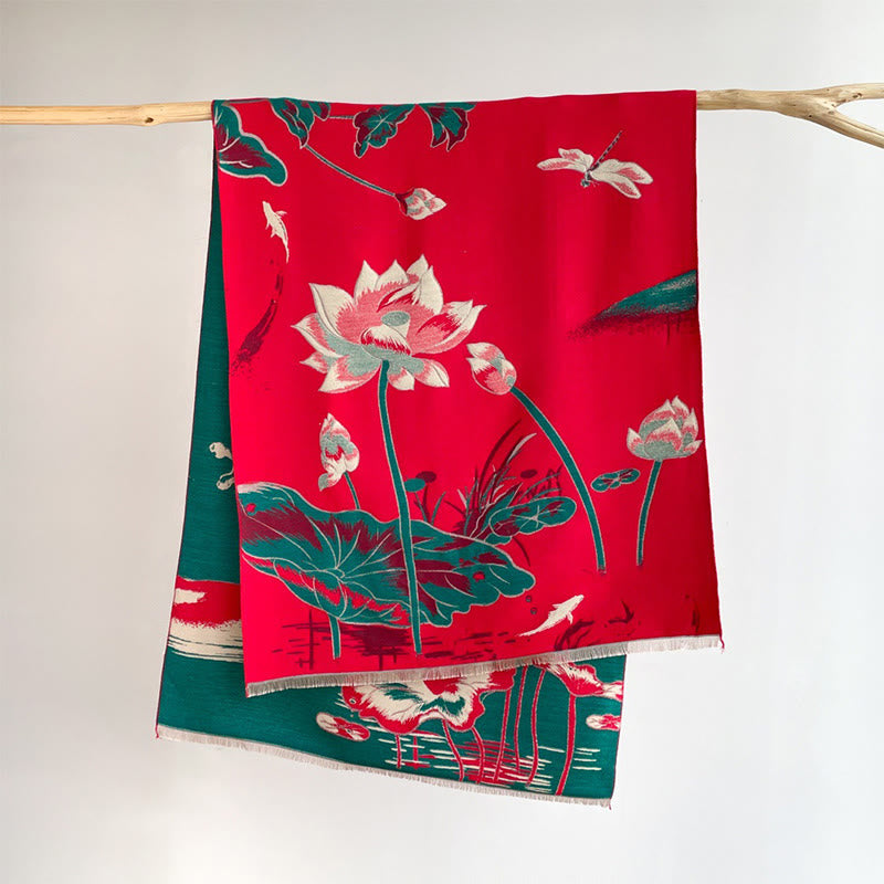 Buddha Stones Fall Lotus Koi Fish Dragonfly Pattern Cozy Scarf Shawl - Red - 180*65 cm - image 3
