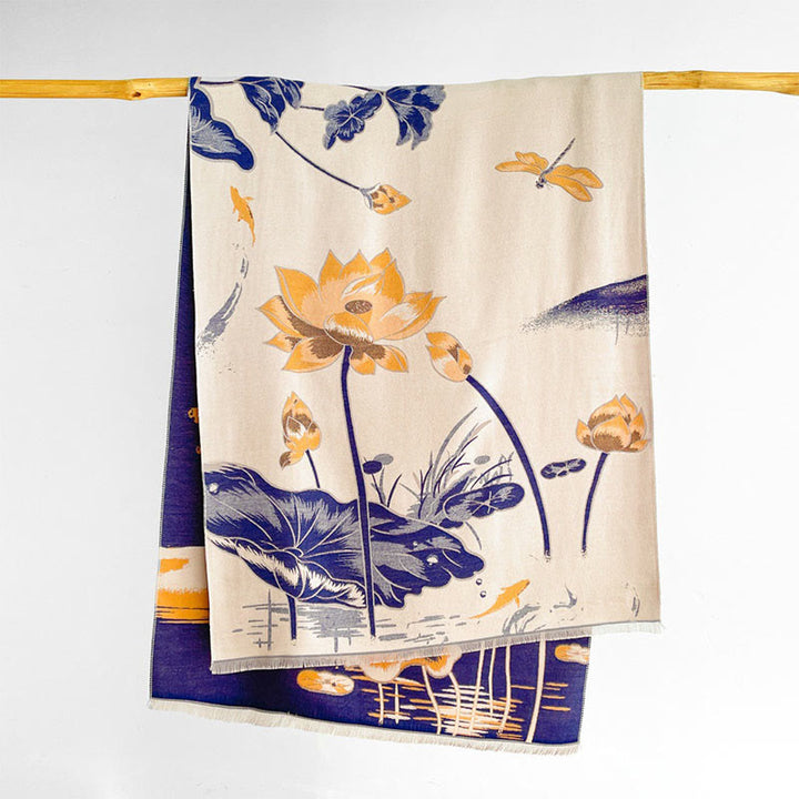 Buddha Stones Fall Lotus Koi Fish Dragonfly Pattern Cozy Scarf Shawl - MediumBlue - 180*65 cm - image 8
