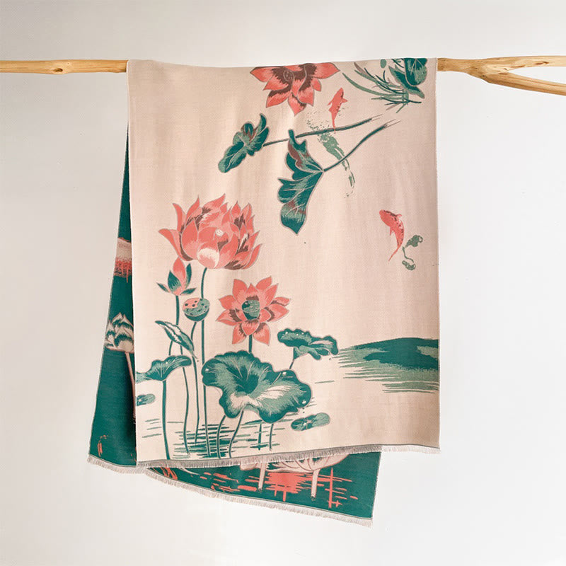 Buddha Stones Fall Lotus Koi Fish Dragonfly Pattern Cozy Scarf Shawl - image 1