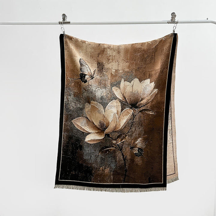 Buddha Stones Winter Magnolia Butterfly Pattern Soft Scarf Shawl - Tan - 185*65cm - image 8