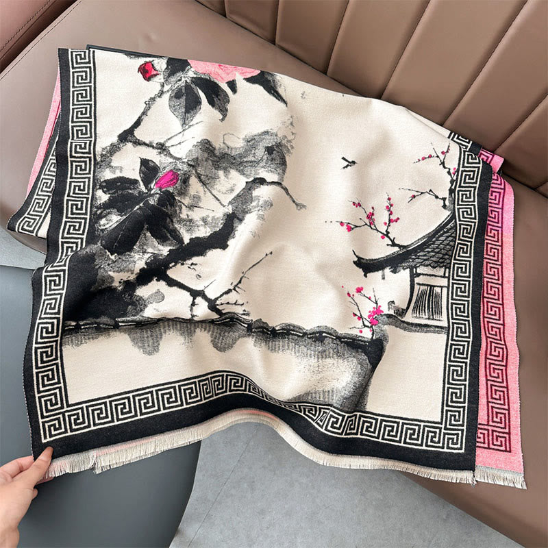 Buddha Stones Fall Plum Blossom Eaves Ink Painting Pattern Cozy Scarf Shawl - LightPink - 180*65 cm - image 4