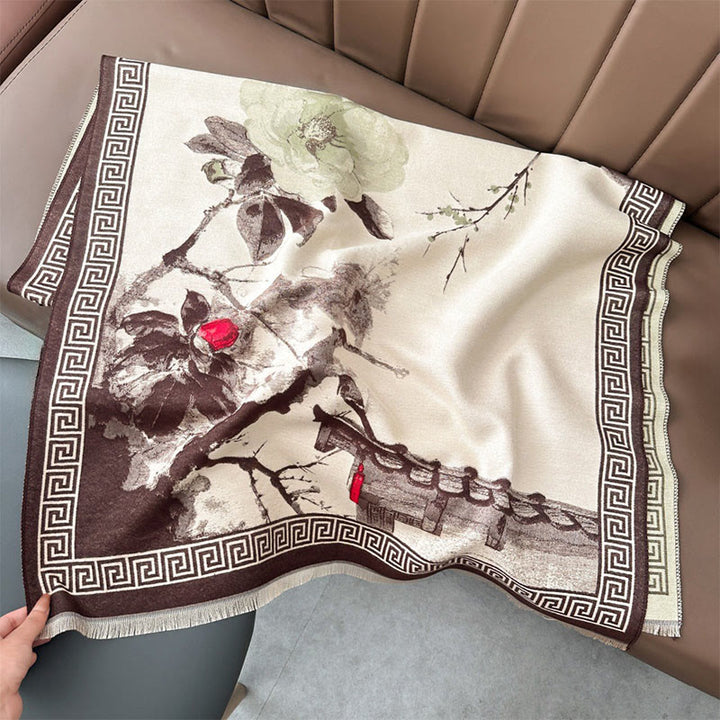 Buddha Stones Fall Plum Blossom Eaves Ink Painting Pattern Cozy Scarf Shawl - Sienna - 180*65 cm - image 12