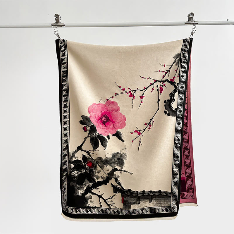 Buddha Stones Fall Plum Blossom Eaves Ink Painting Pattern Cozy Scarf Shawl - image 5
