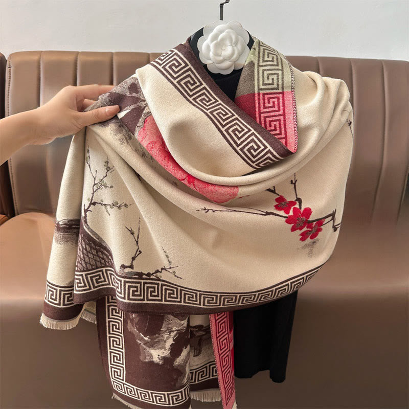 Buddha Stones Fall Plum Blossom Eaves Ink Painting Pattern Cozy Scarf Shawl - image 13