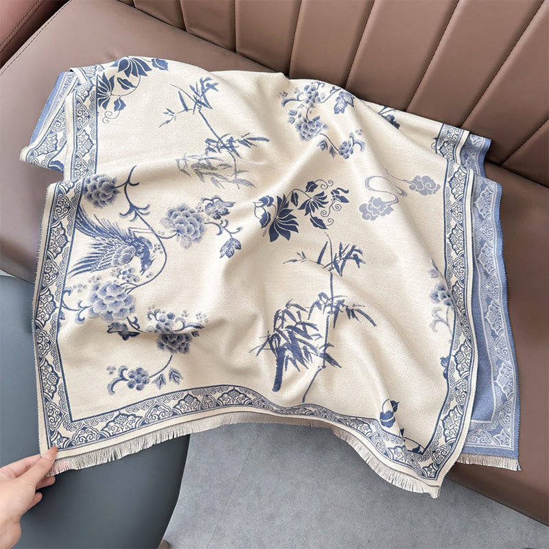 Buddha Stones Winter Birds Bamboo Leaves Vines Pattern Soft Scarf Shawl - LightSteelBlue - 180*65cm - image 17