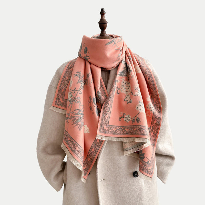 Buddha Stones Winter Birds Bamboo Leaves Vines Pattern Soft Scarf Shawl - image 3