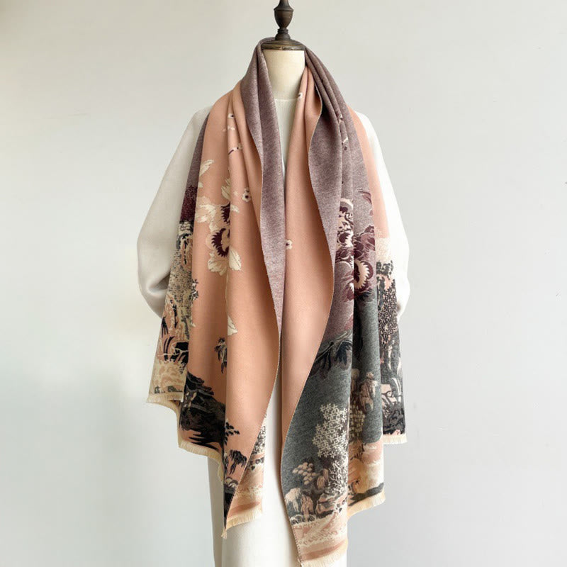 Buddha Stones Fall Flowers Trees Pavilion Pattern Cozy Scarf Shawl - image 4