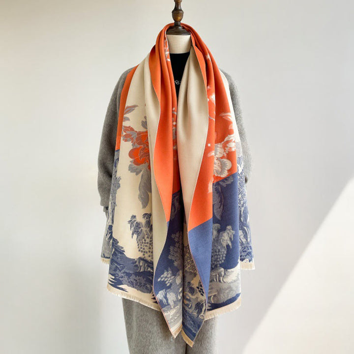 Buddha Stones Fall Flowers Trees Pavilion Pattern Cozy Scarf Shawl - Orange - 180*65cm - image 0