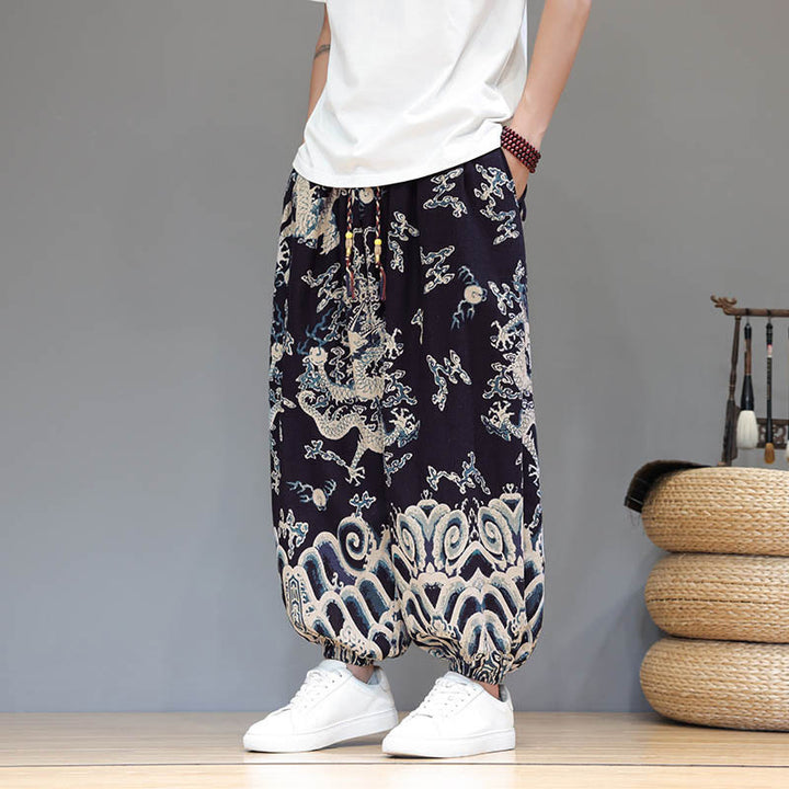 Buddha Stones Summer Dragon Drawstring Design Cotton Linen Men's Harem Pants With Pockets - SteelBlue - US/UK/AU46，EU56 (5XL) - image 10