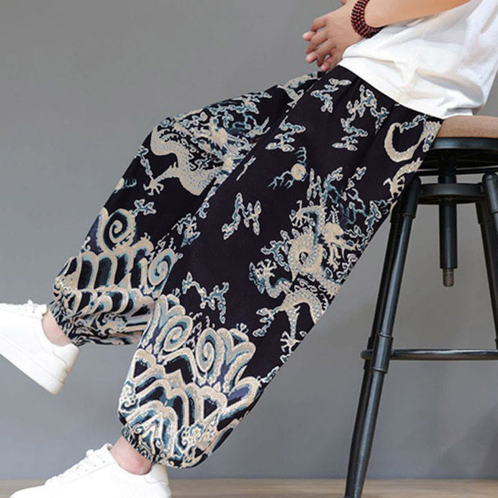 Buddha Stones Summer Dragon Drawstring Design Cotton Linen Men's Harem Pants With Pockets - image 17