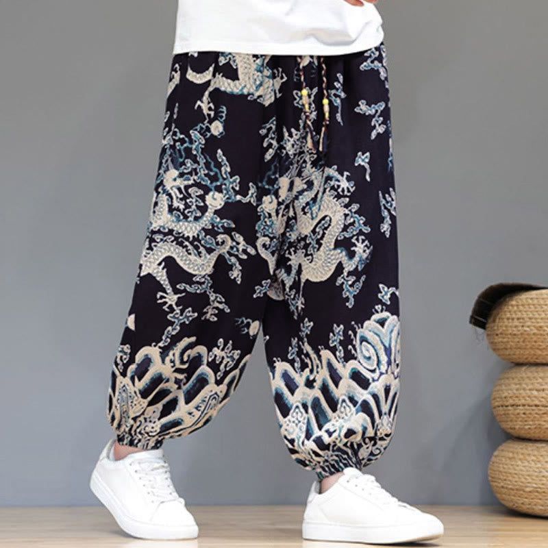 Buddha Stones Summer Dragon Drawstring Design Cotton Linen Men's Harem Pants With Pockets - image 11