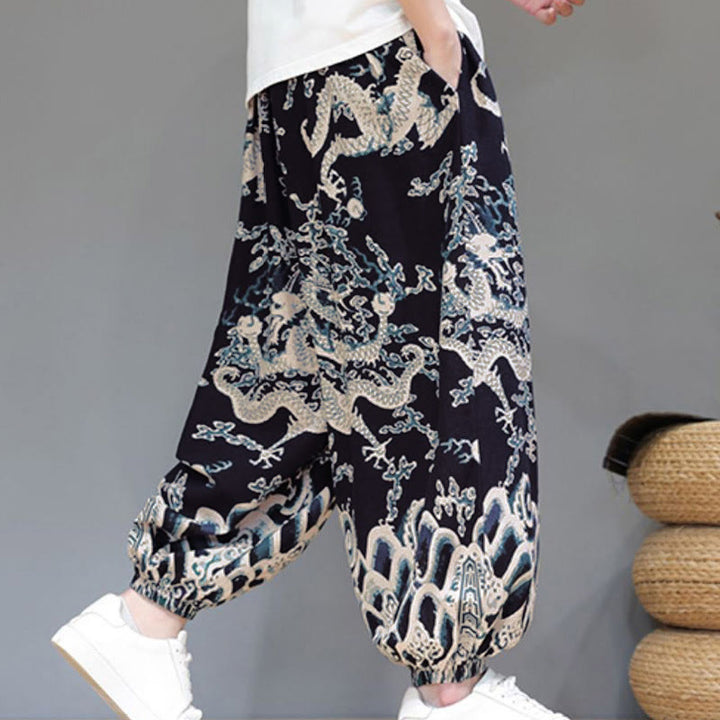 Buddha Stones Summer Dragon Drawstring Design Cotton Linen Men's Harem Pants With Pockets - image 15