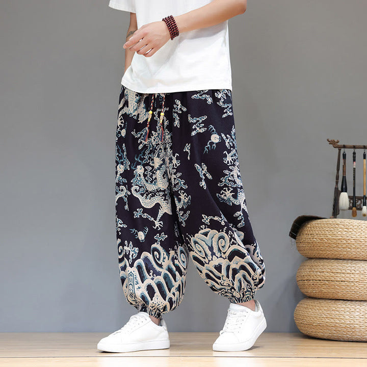 Buddha Stones Summer Dragon Drawstring Design Cotton Linen Men's Harem Pants With Pockets - image 16