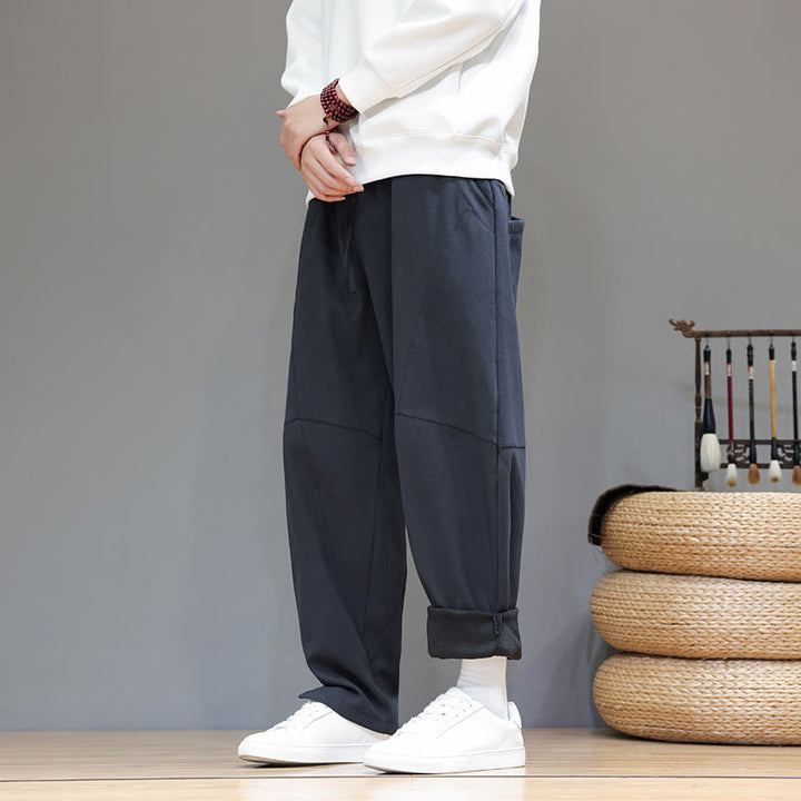 Buddha Stones Winter Solid Color Fleece-lined Men's Cotton Linen Pants With Pockets - image 2