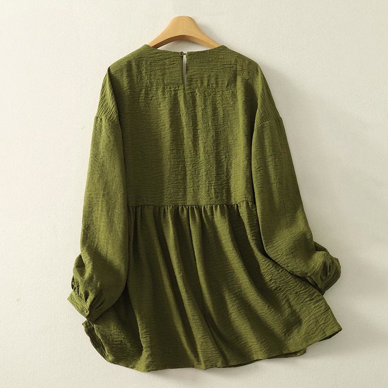 Buddha Stones Casual Olive Green Crew Neck Women's Cotton Linen Long Sleeve Shirt - image 1