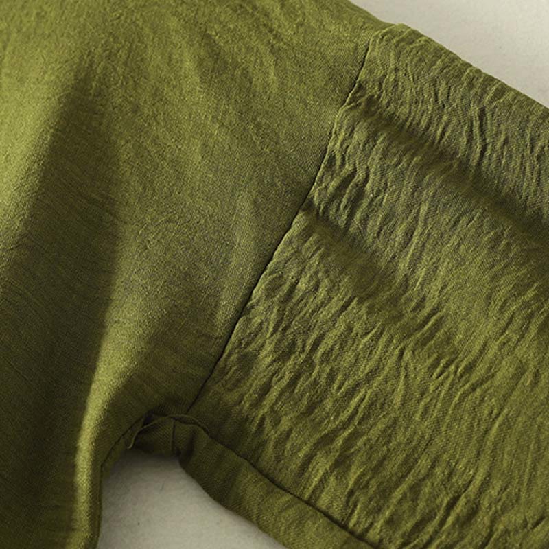 Buddha Stones Casual Olive Green Crew Neck Women's Cotton Linen Long Sleeve Shirt - image 5