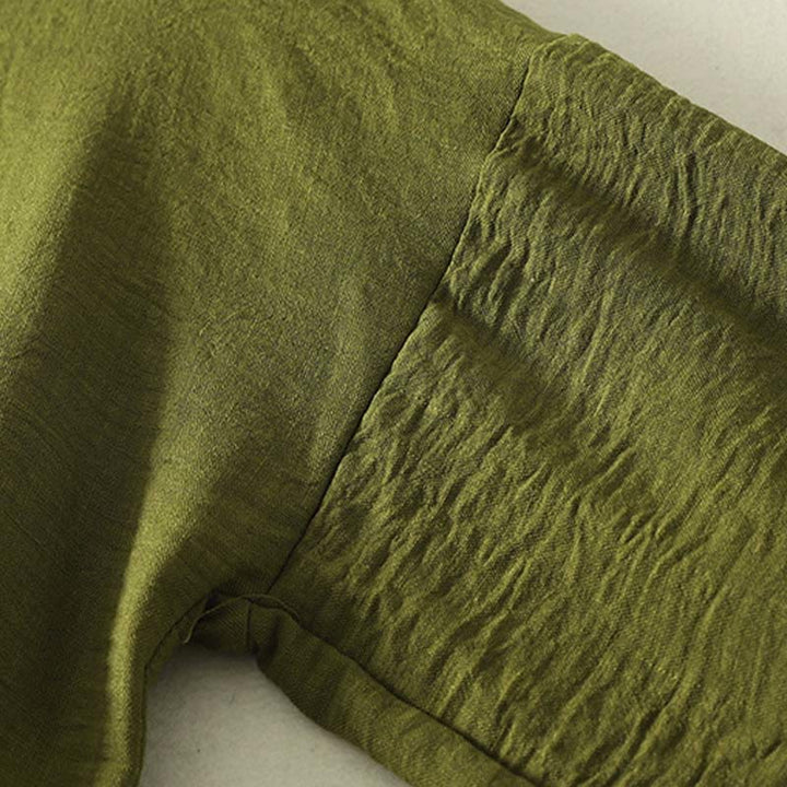 Buddha Stones Casual Olive Green Crew Neck Women's Cotton Linen Long Sleeve Shirt - image 5