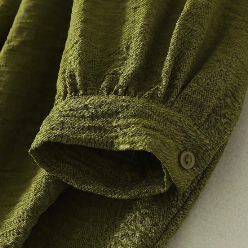 Buddha Stones Casual Olive Green Crew Neck Women's Cotton Linen Long Sleeve Shirt - image 6
