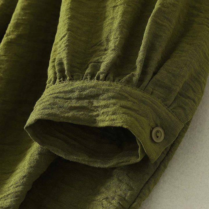 Buddha Stones Casual Olive Green Crew Neck Women's Cotton Linen Long Sleeve Shirt - image 6