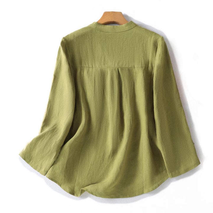 Buddha Stones Spring Dark Khaki Stand Collar Half Buttons Design Women's Long Sleeve Shirt - image 1
