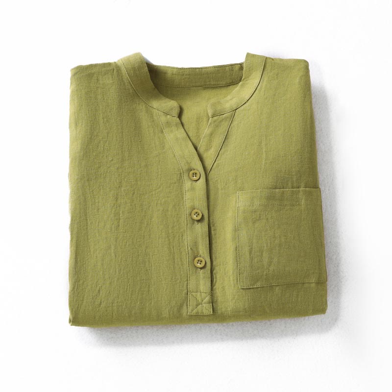 Buddha Stones Spring Dark Khaki Stand Collar Half Buttons Design Women's Long Sleeve Shirt - image 2