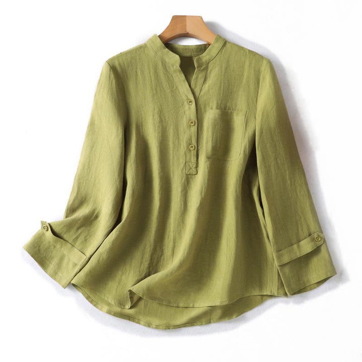 Buddha Stones Spring Dark Khaki Stand Collar Half Buttons Design Women's Long Sleeve Shirt - DarkKhaki - US8-10，UK/AU12-14，EU40-42 (2XL) - image 0