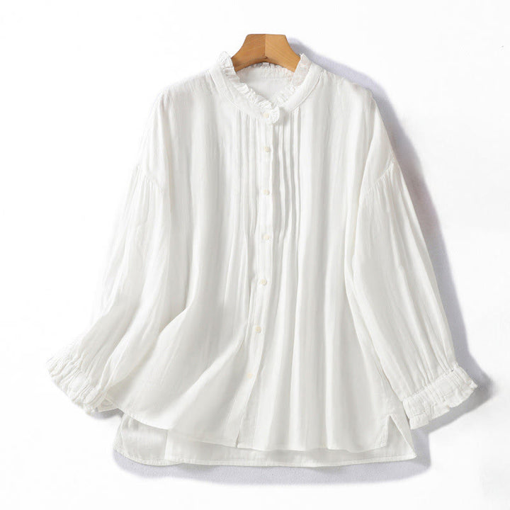 Buddha Stones White Ruffled Collar Long Sleeve Women's Cotton Shirt - White - US12，UK/AU16，EU44 (2XL) - image 0
