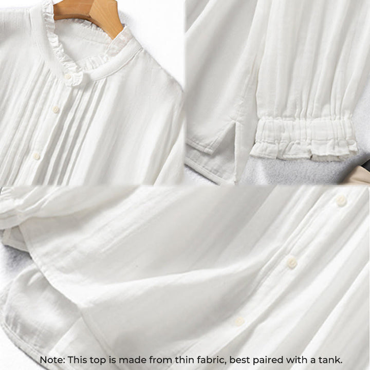 Buddha Stones White Ruffled Collar Long Sleeve Women's Cotton Shirt - image 9