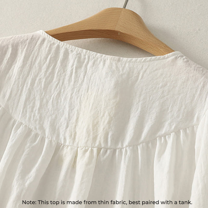 Buddha Stones White Buttons Ruffled Long Sleeve Women's Cotton Shirt - image 3