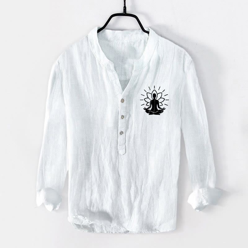 Buddha Stones Meditating Buddha Lotus Pattern Half Buttons Men's Cotton Linen Long Sleeve Shirt - White - US/UK/AU50，EU60 (5XL) - image 6