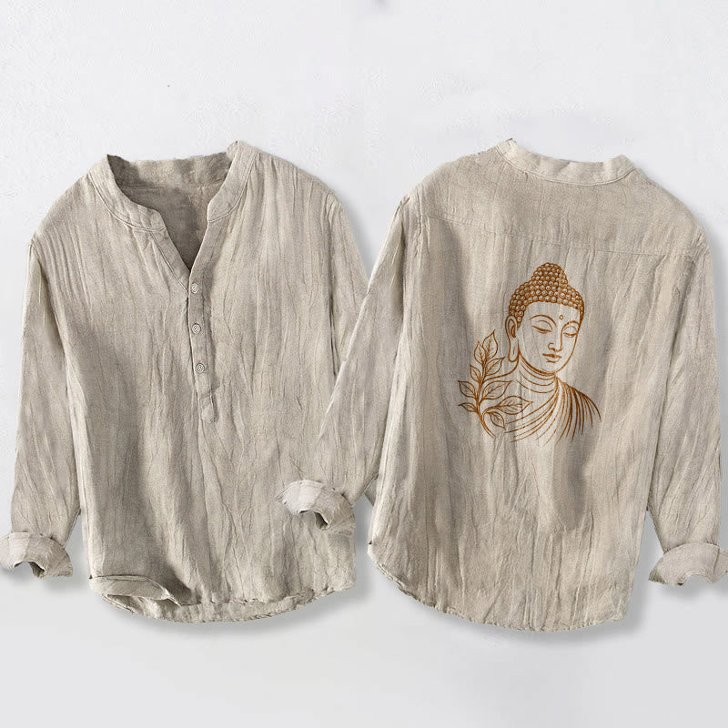 Buddha Stones Peaceful Buddha Leaves Pattern Half Buttons Men's Cotton Linen Long Sleeve Shirt - Linen - US/UK/AU50，EU60 (5XL) - image 6