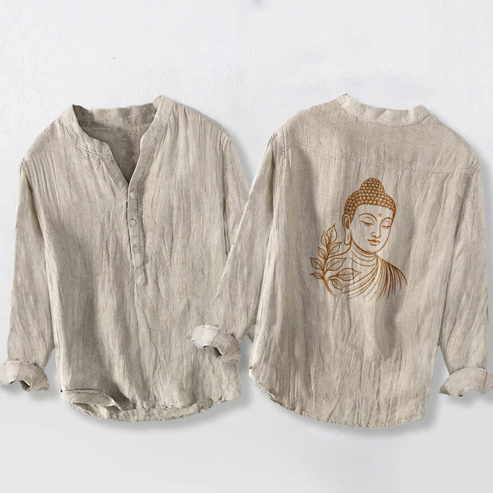 Buddha Stones Peaceful Buddha Leaves Pattern Half Buttons Men's Cotton Linen Long Sleeve Shirt - Linen - US/UK/AU50，EU60 (5XL) - image 6