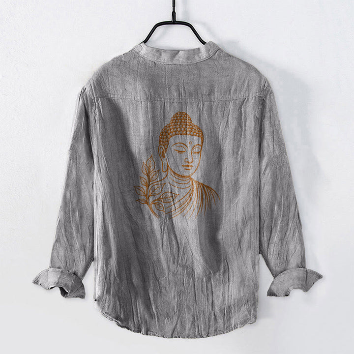 Buddha Stones Peaceful Buddha Leaves Pattern Half Buttons Men's Cotton Linen Long Sleeve Shirt - image 5