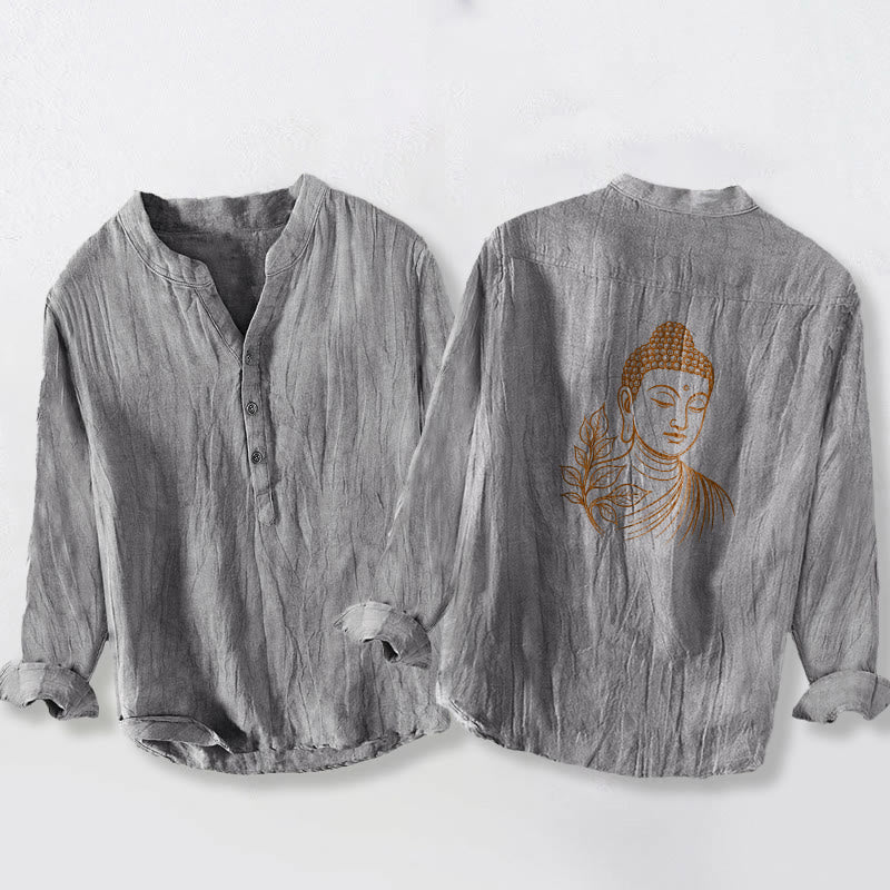 Buddha Stones Peaceful Buddha Leaves Pattern Half Buttons Men's Cotton Linen Long Sleeve Shirt - Gray - US/UK/AU50，EU60 (5XL) - image 3