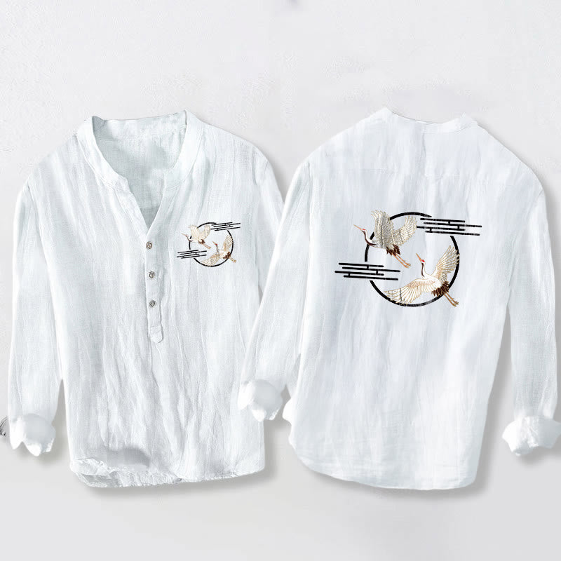 Buddha Stones Soaring White Crane Pattern Half Buttons Men's Cotton Linen Long Sleeve Shirt - White - US/UK/AU50，EU60 (5XL) - image 3