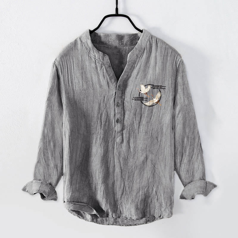 Buddha Stones Soaring White Crane Pattern Half Buttons Men's Cotton Linen Long Sleeve Shirt - image 1